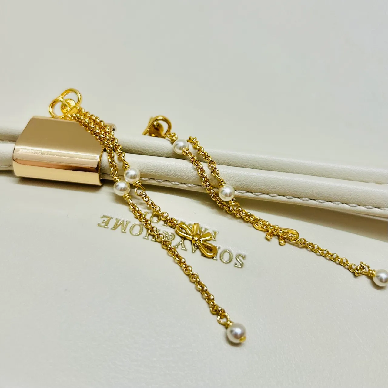 Gold-Tone Pearl and Bow Chain Drop Earrings 2