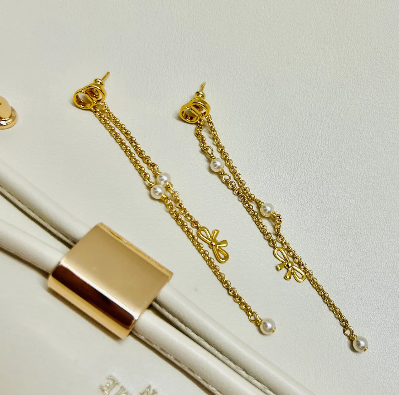 Gold-Tone Pearl and Bow Chain Drop Earrings 4