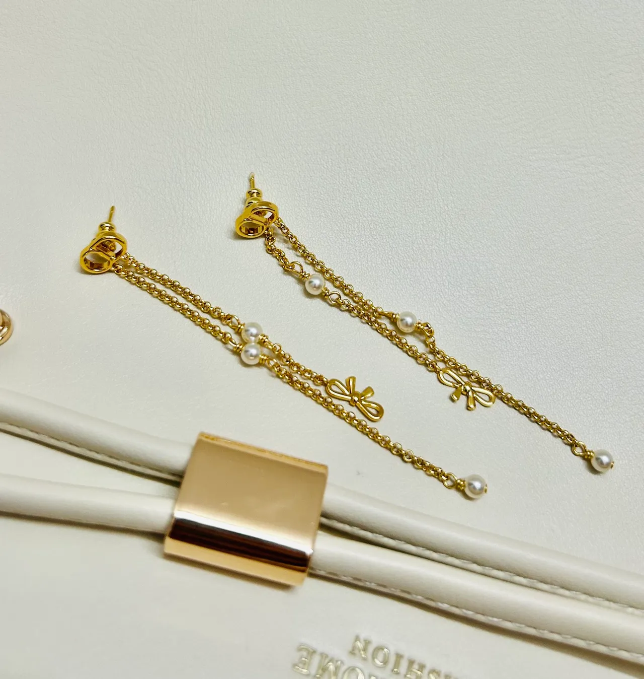 Gold-Tone Pearl and Bow Chain Drop Earrings 5