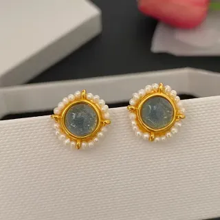 Gold-Tone Pearl Halo Cabochon Stud Earrings