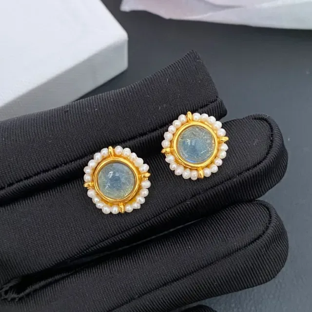 Gold-Tone Pearl Halo Cabochon Stud Earrings 6