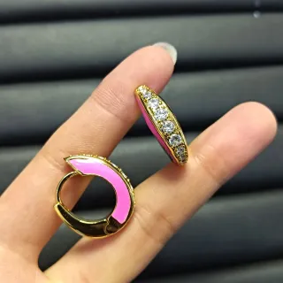 Gold-Tone Pink Enamel Crystal Hinged Hoop Earrings