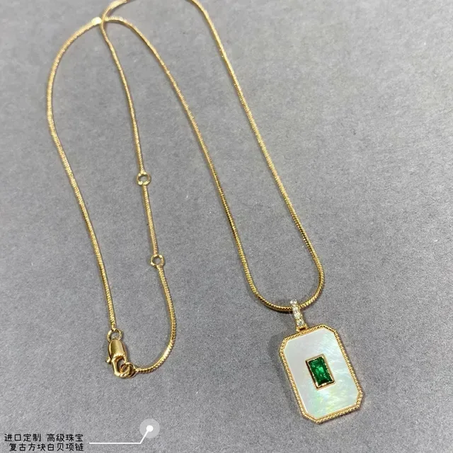 Gold-Tone Rectangular Mother-of-Pearl and Emerald Pendant Necklace 2