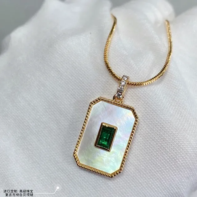 Gold-Tone Rectangular Mother-of-Pearl and Emerald Pendant Necklace 4