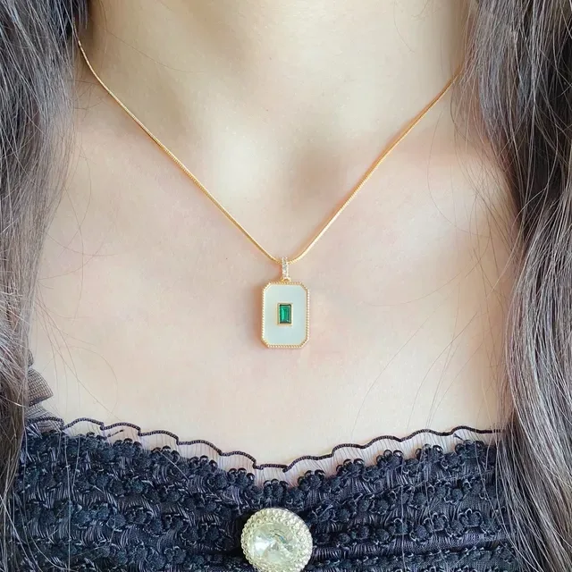 Gold-Tone Rectangular Mother-of-Pearl and Emerald Pendant Necklace 5