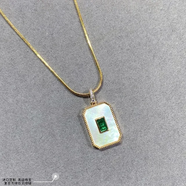 Gold-Tone Rectangular Mother-of-Pearl and Emerald Pendant Necklace 6