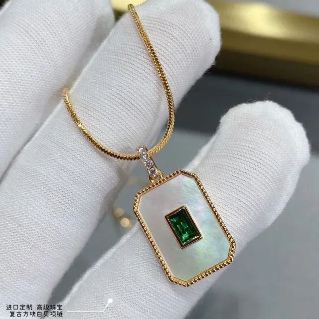 Gold-Tone Rectangular Mother-of-Pearl and Emerald Pendant Necklace 8