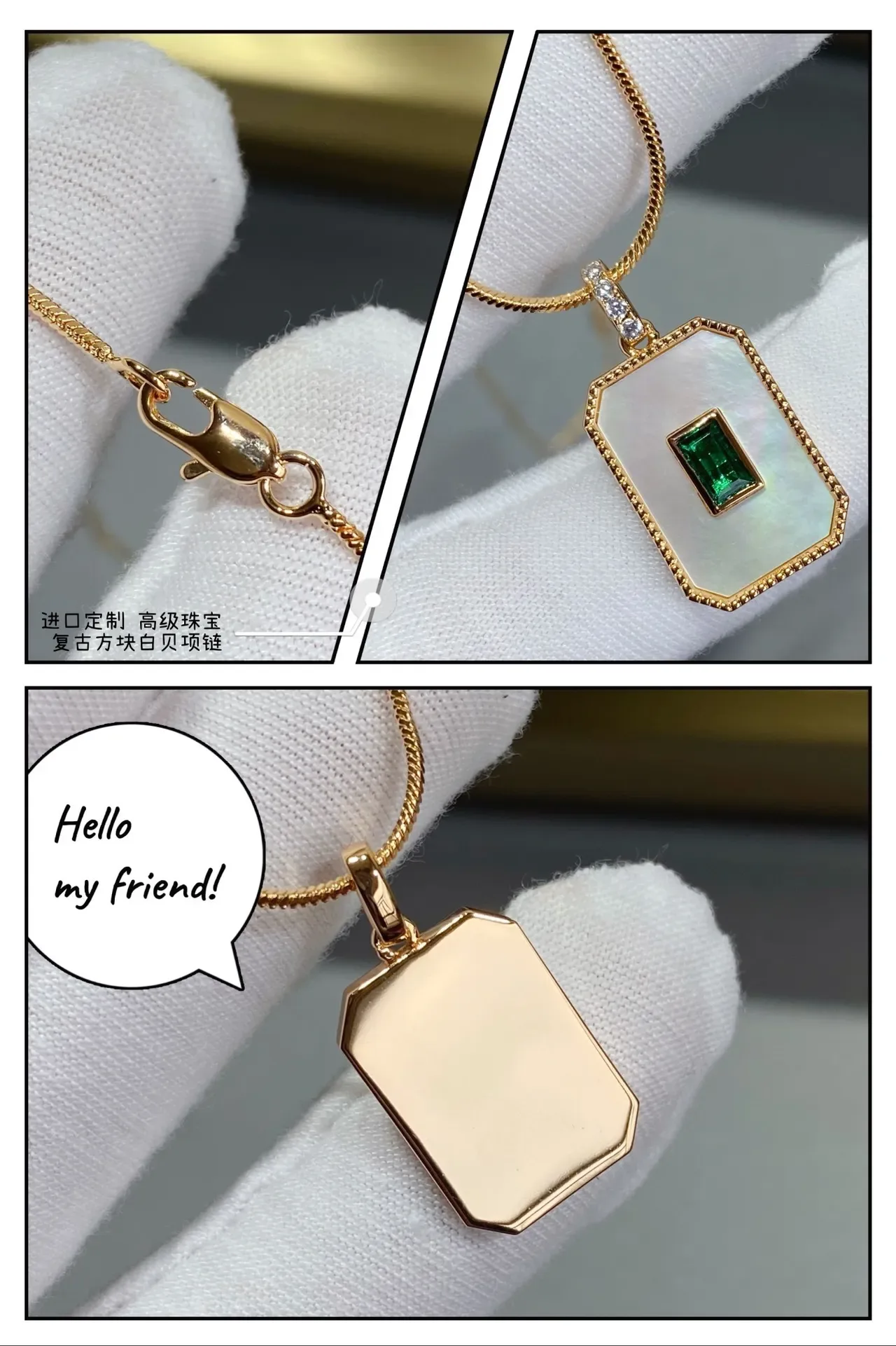 Gold-Tone Rectangular Mother-of-Pearl and Emerald Pendant Necklace 9
