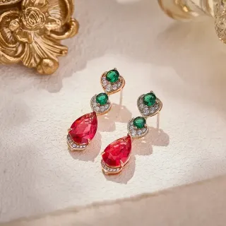 Gold-Tone Red and Green Gemstone Drop Earrings