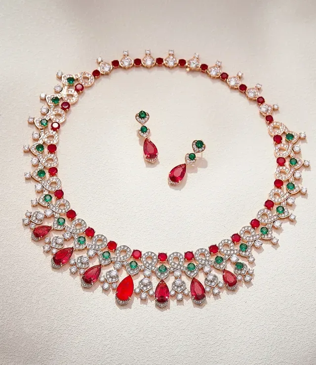 Gold-Tone Red and Green Gemstone Drop Earrings 2