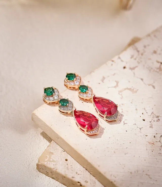 Gold-Tone Red and Green Gemstone Drop Earrings 3