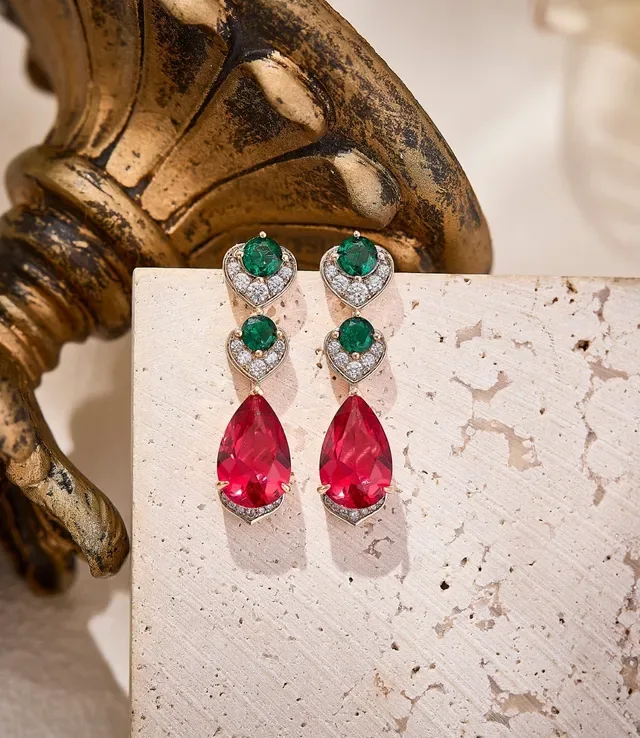Gold-Tone Red and Green Gemstone Drop Earrings 4