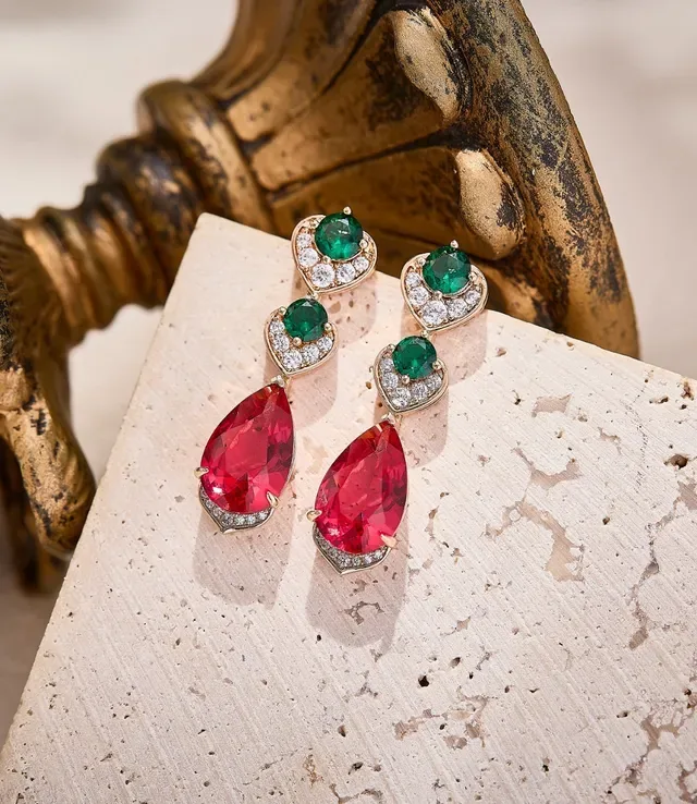 Gold-Tone Red and Green Gemstone Drop Earrings 5
