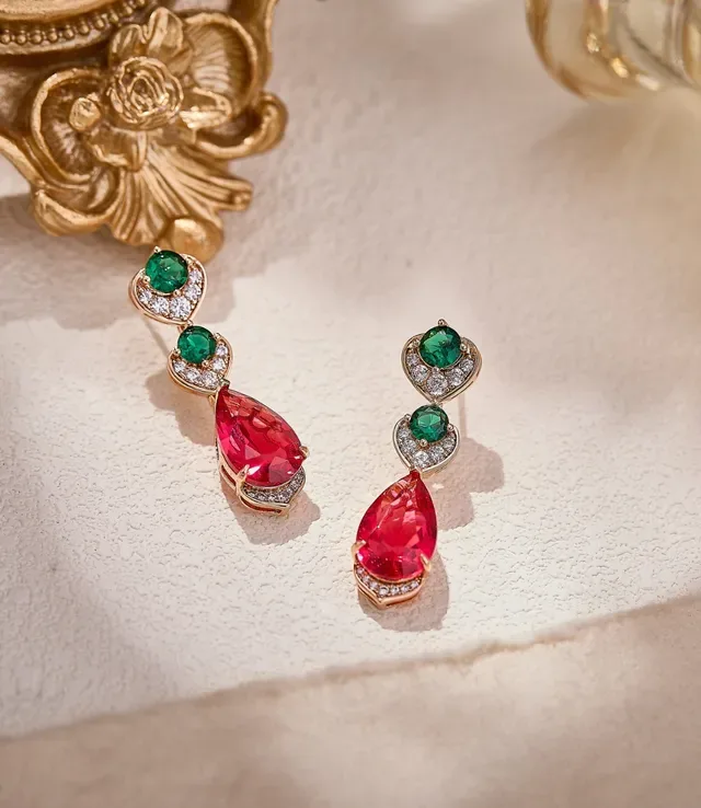 Gold-Tone Red and Green Gemstone Drop Earrings 6