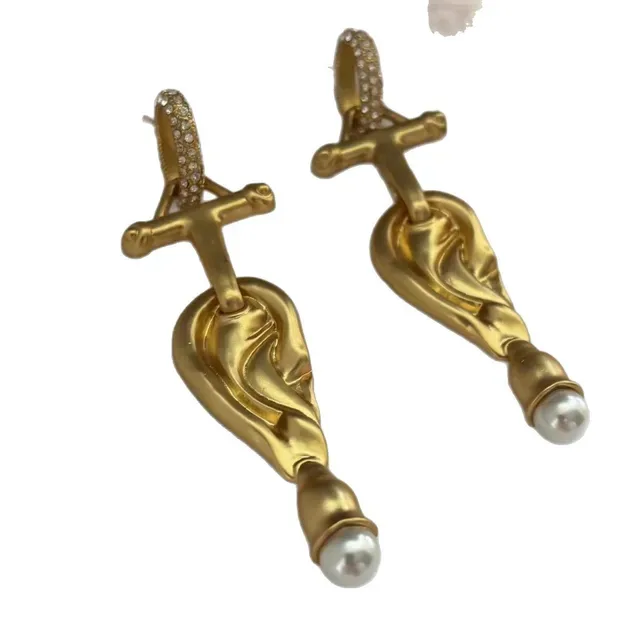 Gold-Tone Sculptural Pearl Terminal Crystal Hook Earrings 3