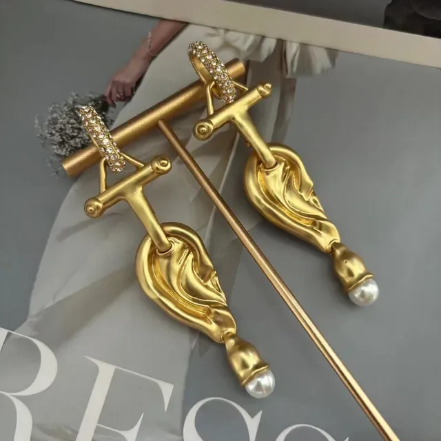 Gold-Tone Sculptural Pearl Terminal Crystal Hook Earrings 4