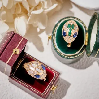 Gold-Tone Snake-Head Pavé Diamond and Gemstone Ring