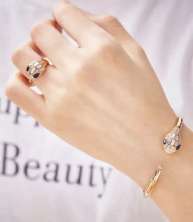Gold-Tone Snake-Head Pavé Diamond and Gemstone Ring 2