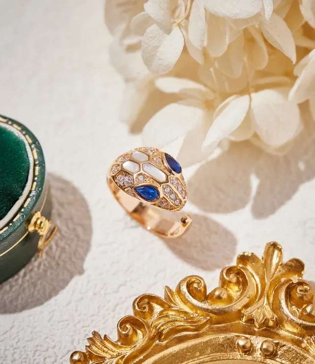 Gold-Tone Snake-Head Pavé Diamond and Gemstone Ring 6