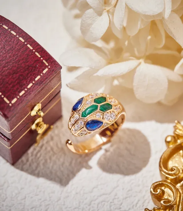 Gold-Tone Snake-Head Pavé Diamond and Gemstone Ring 7