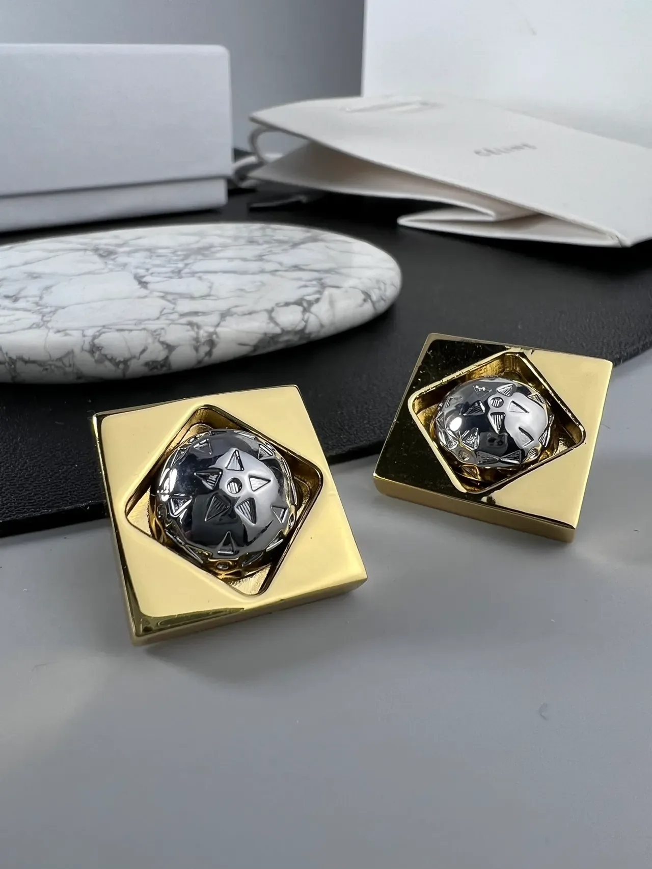Gold-Tone Square Frame Faceted Sphere Metallic Jewelry 4