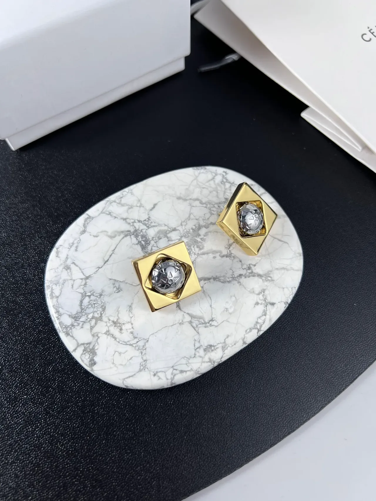 Gold-Tone Square Frame Faceted Sphere Metallic Jewelry 6