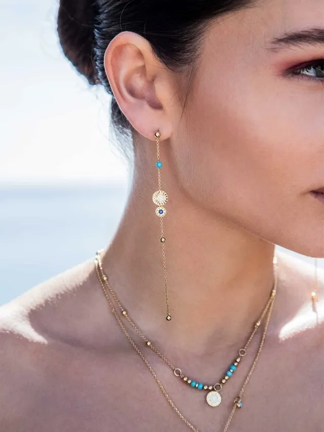 Gold-Tone Turquoise Bead Sunburst Charm Dangle Earrings 3
