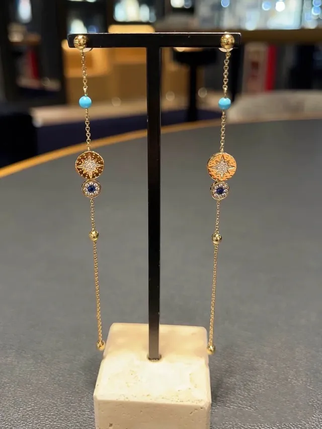 Gold-Tone Turquoise Bead Sunburst Charm Dangle Earrings 6