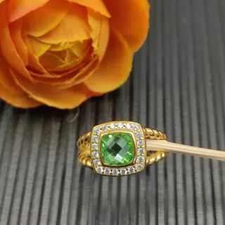Gold-Tone Twisted Band Cushion-Cut Green Gemstone Halo Ring