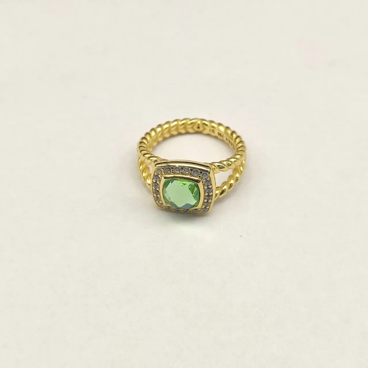 Gold-Tone Twisted Band Cushion-Cut Green Gemstone Halo Ring 2