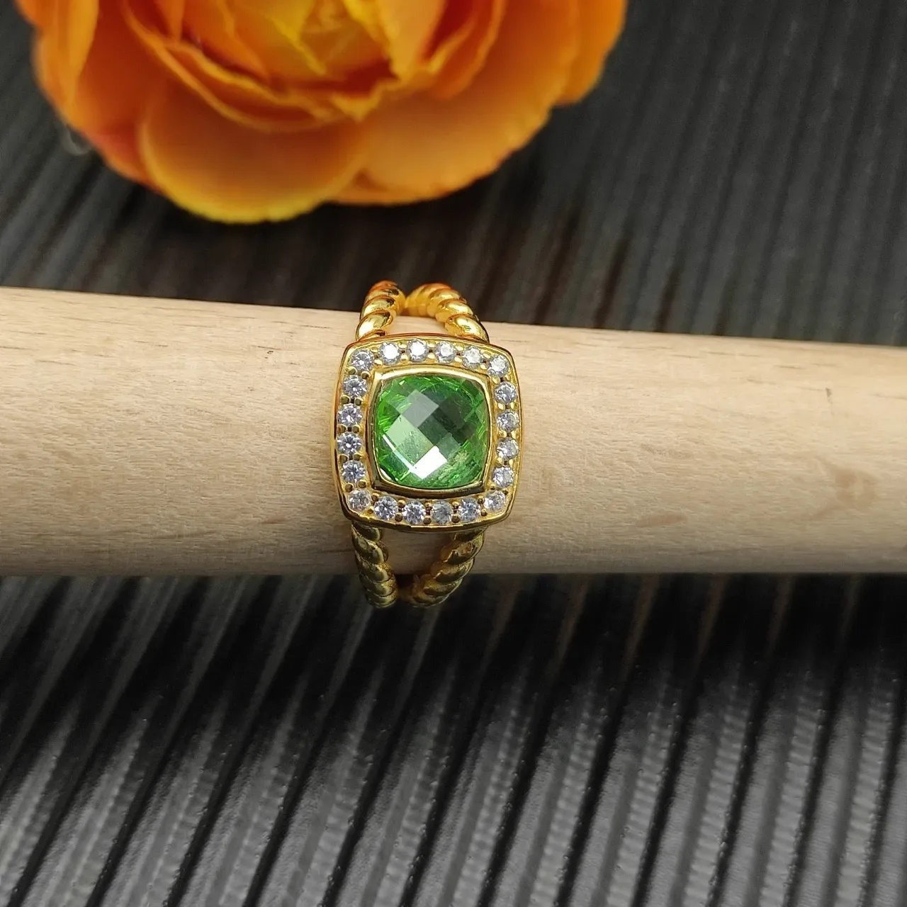 Gold-Tone Twisted Band Cushion-Cut Green Gemstone Halo Ring 3