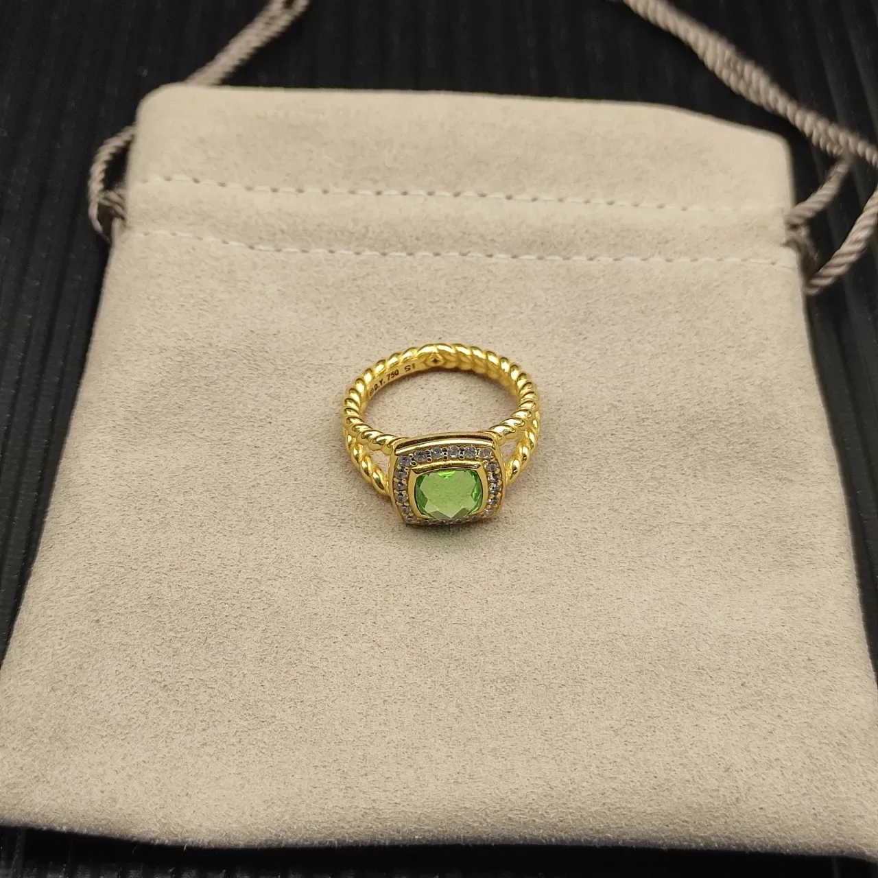 Gold-Tone Twisted Band Cushion-Cut Green Gemstone Halo Ring 4