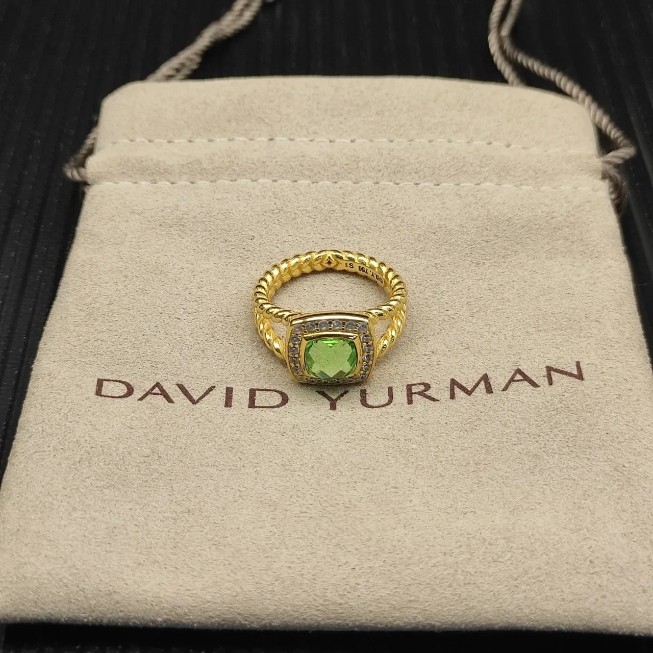 Gold-Tone Twisted Band Cushion-Cut Green Gemstone Halo Ring 5