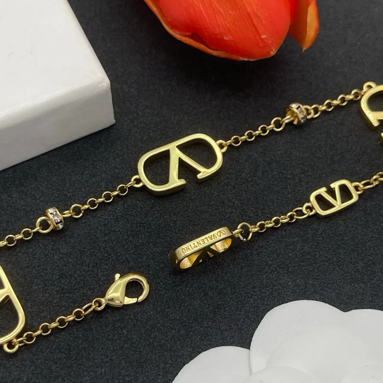 Gold Transparent Chain Open V-Logo Charms Bracelet 3