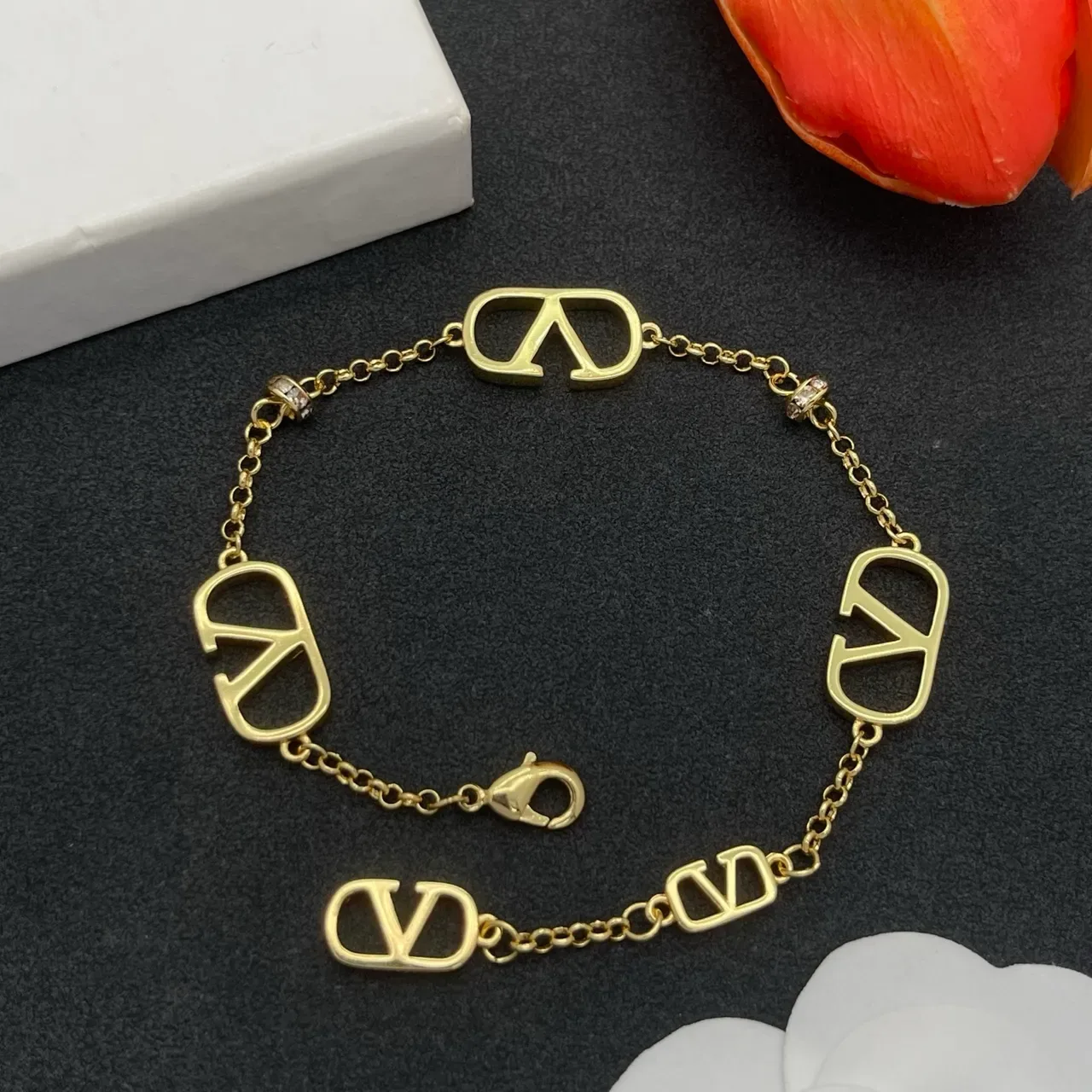 Gold Transparent Chain Open V-Logo Charms Bracelet 4