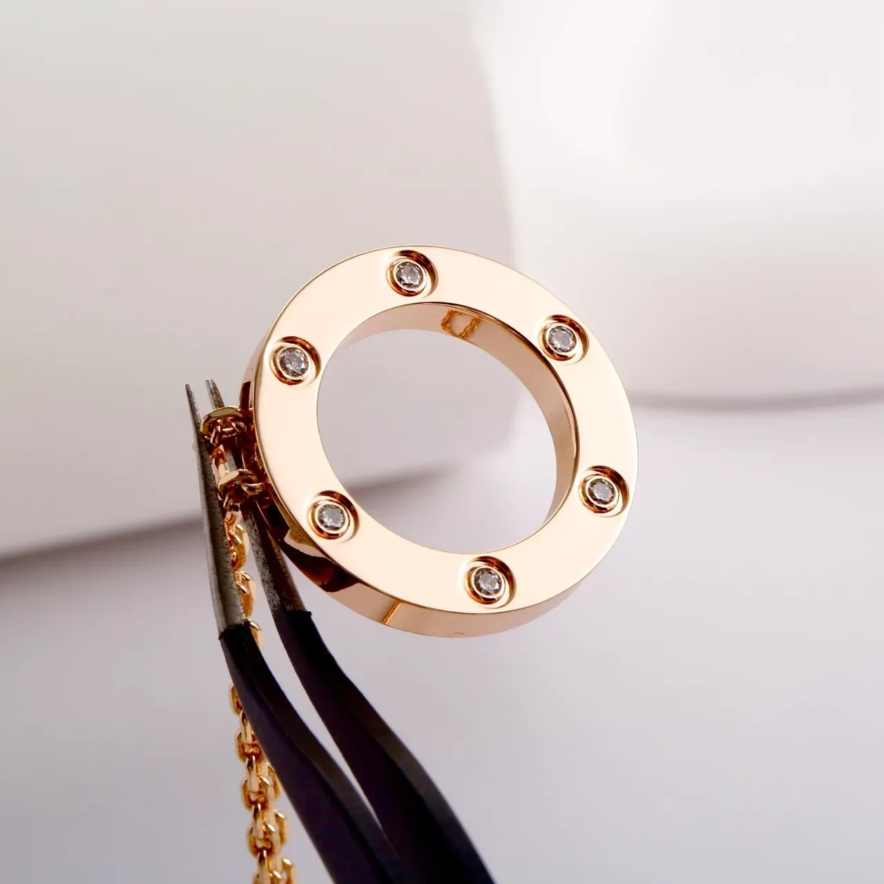 Gold Transparent Circular Open-Ring Pendant Six Bezel-Set Clear Stones Necklace 6