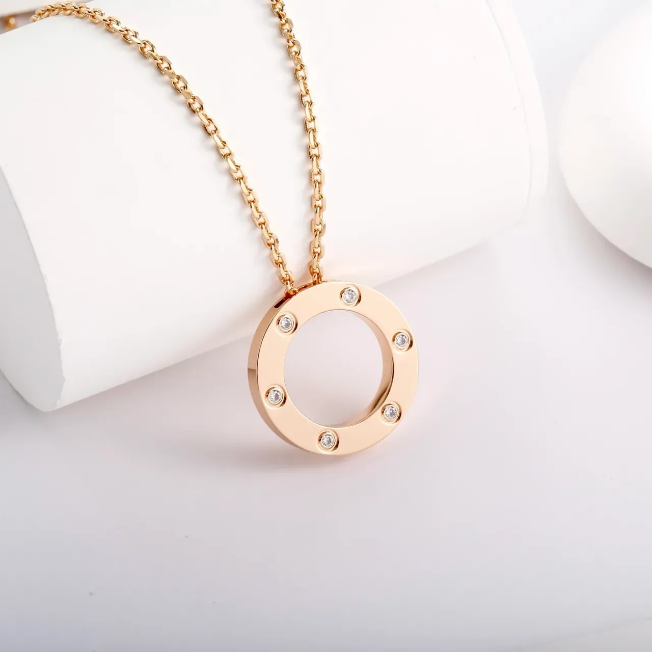 Gold Transparent Circular Open-Ring Pendant Six Bezel-Set Clear Stones Necklace 7