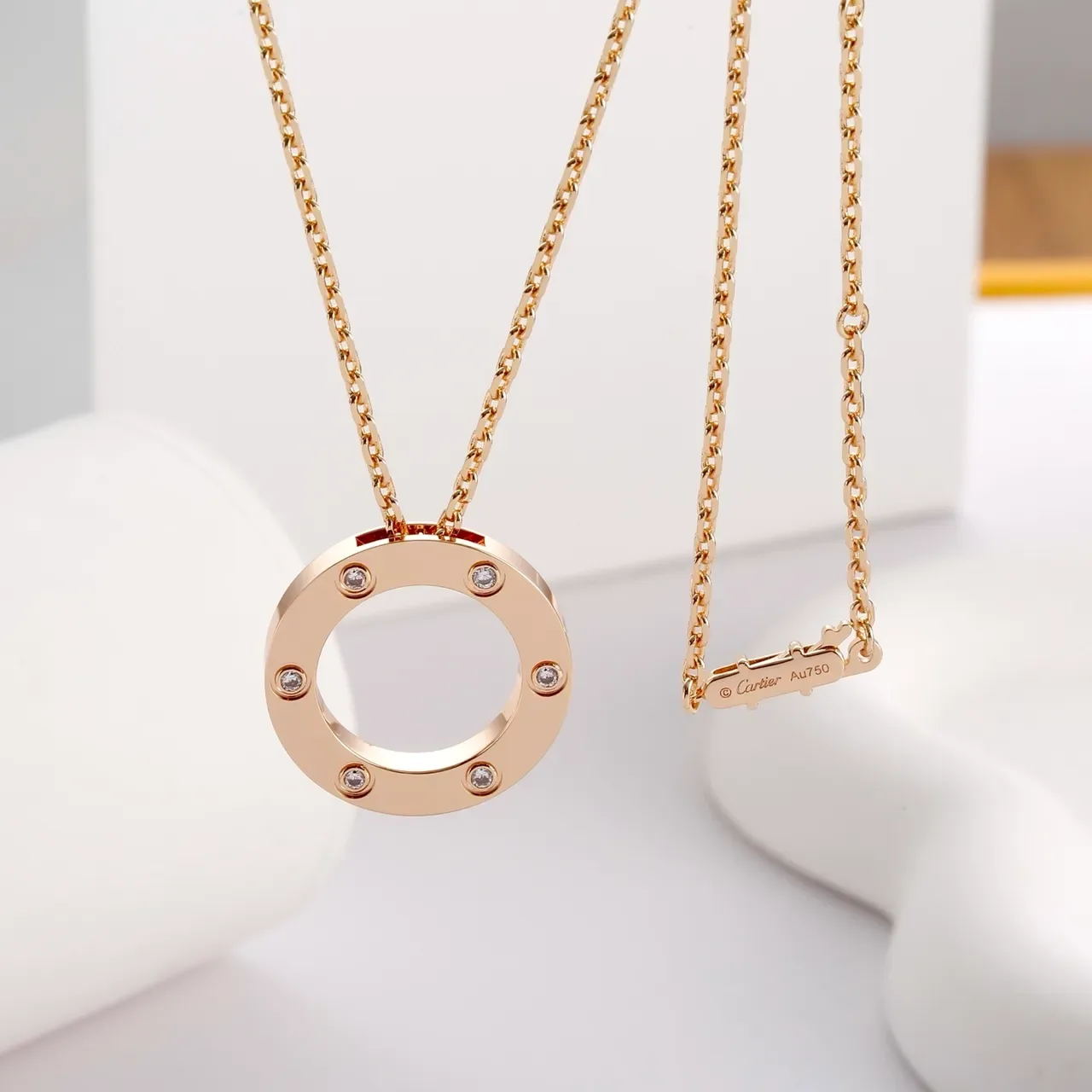 Gold Transparent Circular Open-Ring Pendant Six Bezel-Set Clear Stones Necklace 8