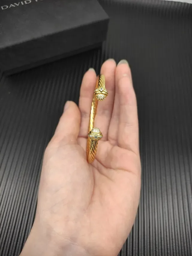 Gold Twisted Rope Diamond Terminal Open Bangle Bracelet 5