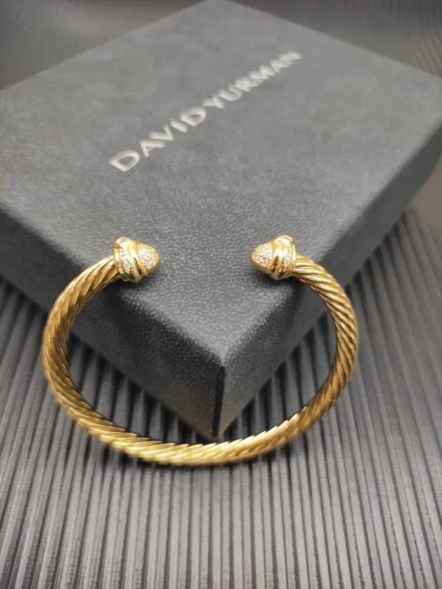 Gold Twisted Rope Diamond Terminal Open Bangle Bracelet 6