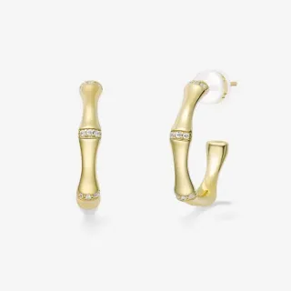 Gold White Bamboo-Inspired Segmented Hoop Pavé Diamond Bands Earrings