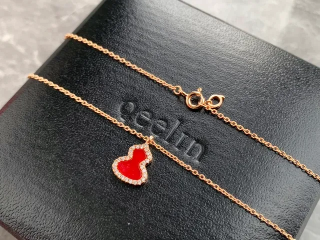 Gourd-Shaped Red Enamel and Pavé Stone Pendant Necklace 3