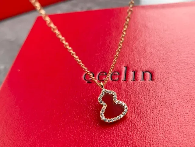 Gourd-Shaped Red Enamel and Pavé Stone Pendant Necklace 9
