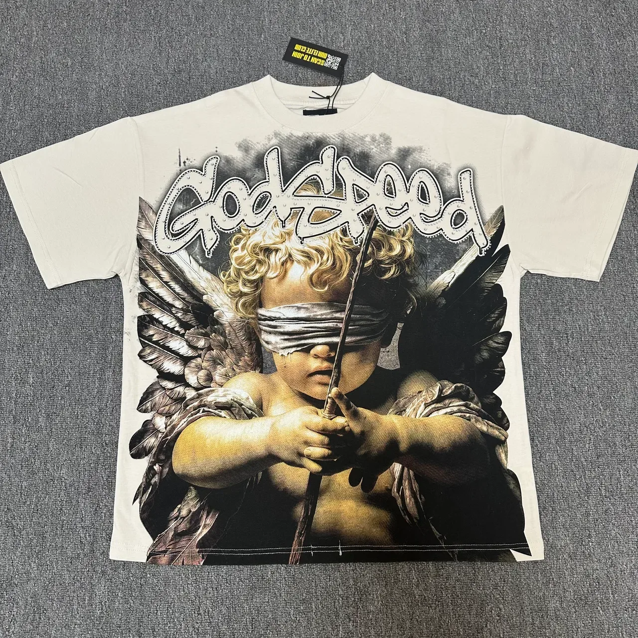 Graphic Print Blindfolded Cherub 'Godspeed' T-Shirt 2