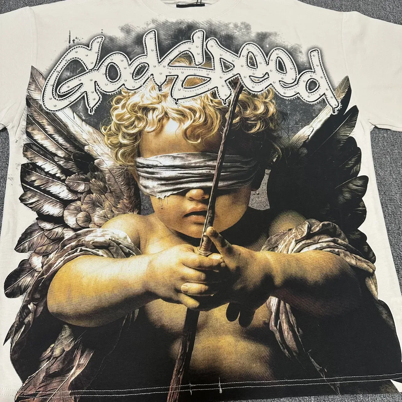Graphic Print Blindfolded Cherub 'Godspeed' T-Shirt 3
