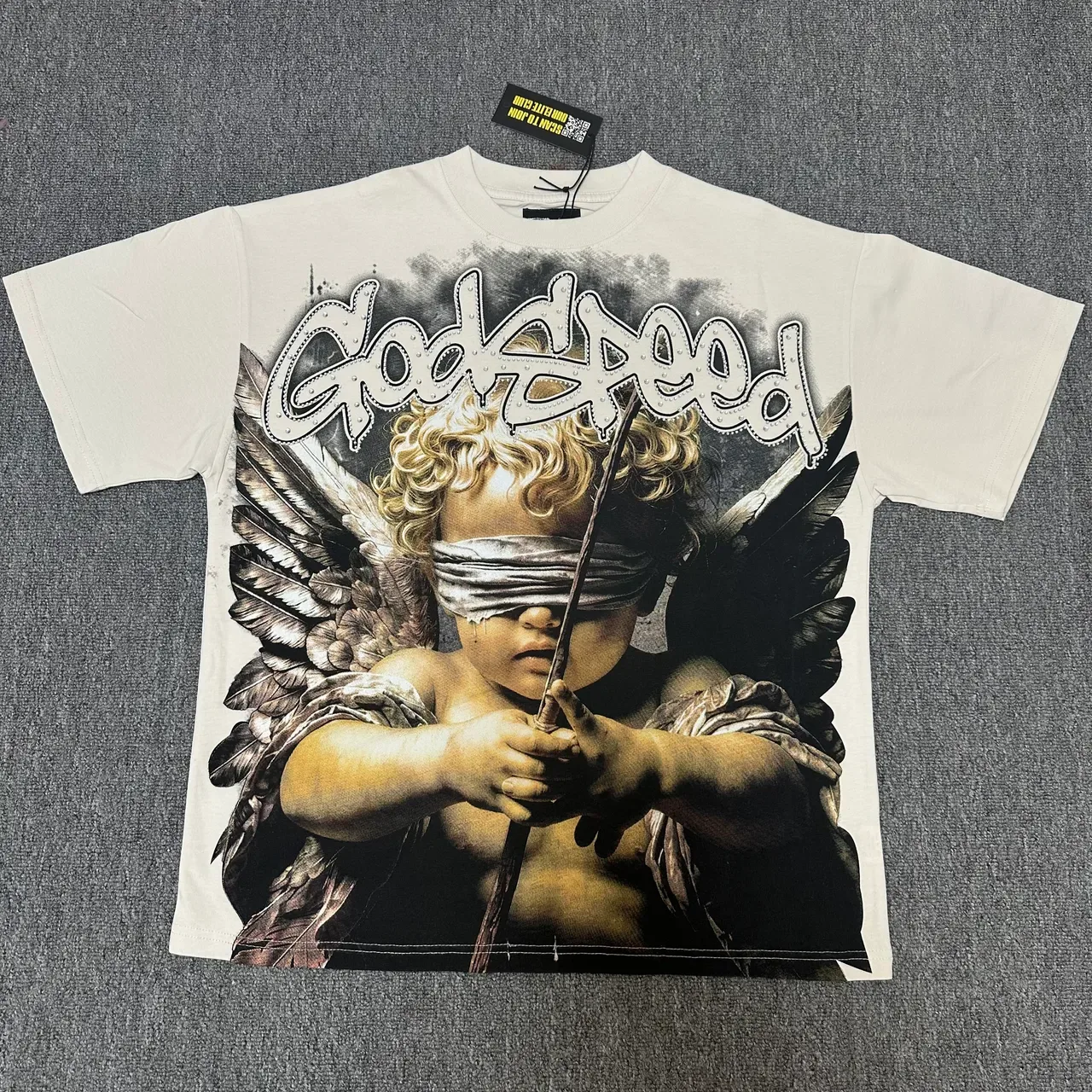 Graphic Print Blindfolded Cherub 'Godspeed' T-Shirt 4