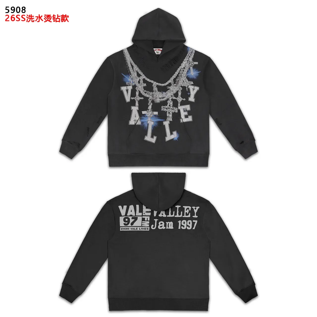 Graphic-Print Distressed Chain Motif Hoodie 2