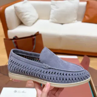 Gray Beige Woven Perforated Upper Suede-Like Texture Loafer