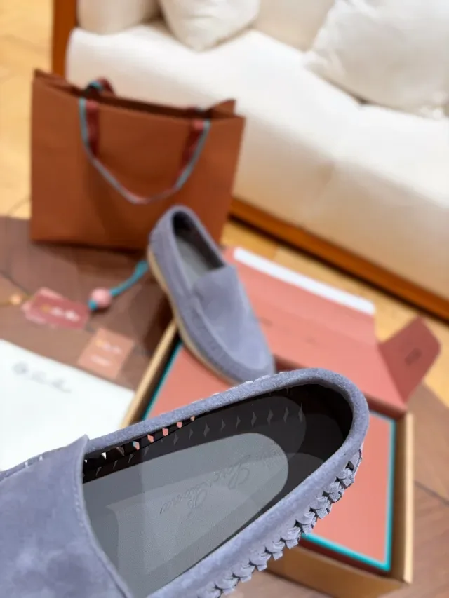 Gray Beige Woven Perforated Upper Suede-Like Texture Loafer 2