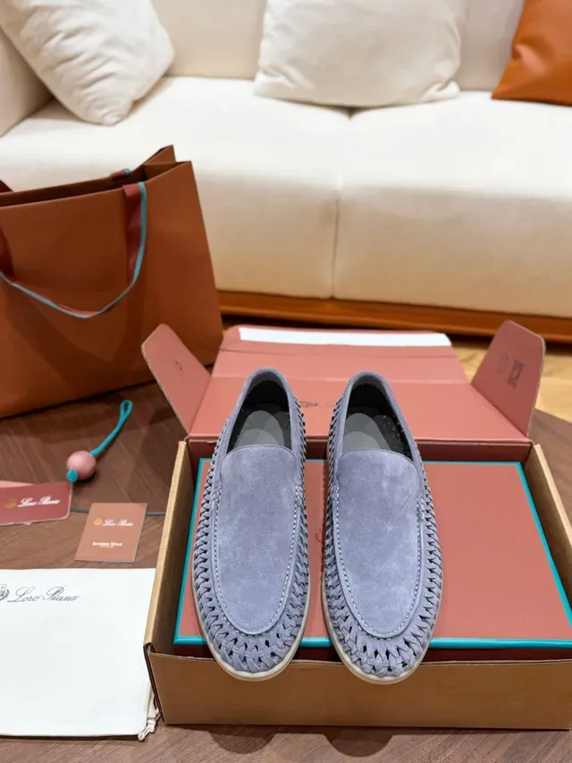 Gray Beige Woven Perforated Upper Suede-Like Texture Loafer 5